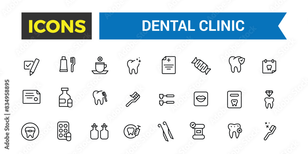 Dental clinic icon set. Outline icons pack. Editable vector icon and illustration. Dental clinic icon set. Outline icons pack. Editable vector icon and illustration.