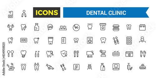 Dental clinic icon set. Outline icons pack. Editable vector icon and illustration.