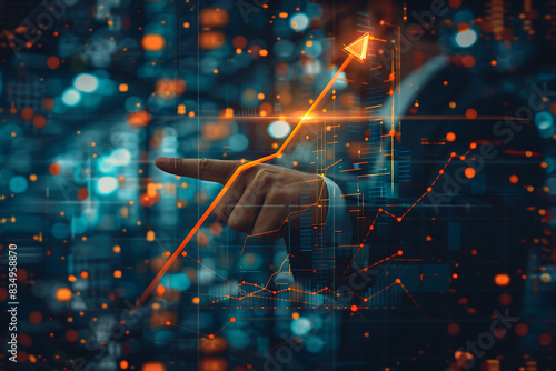 businessman hand pointing. double exposure image with financial graph analysis data. Directing towards success