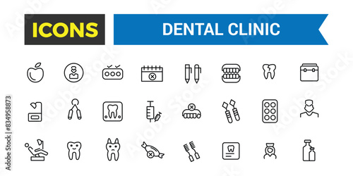 Dental clinic icon set. Outline icons pack. Editable vector icon and illustration.