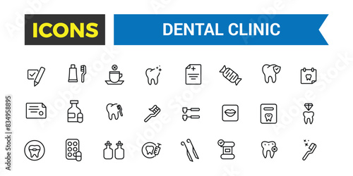 Dental clinic icon set. Outline icons pack. Editable vector icon and illustration.
