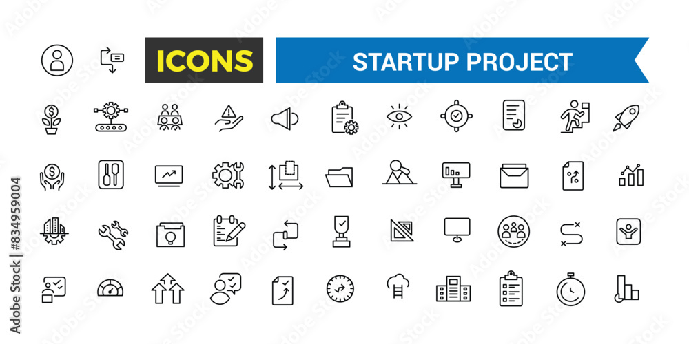 Startup project and development icon set. Outline icons pack. Editable vector icon and illustration.
