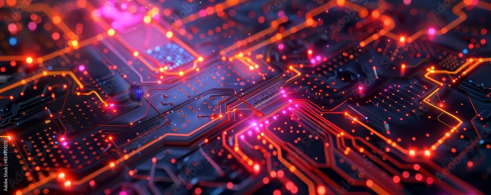 A close-up view of an illuminated circuit board with glowing lights, showcasing vibrant neon colors and intricate electronic pathways. A close-up view of an illuminated circuit board with glowing lights, showcasing vibrant neon colors and intricate electronic pathways.