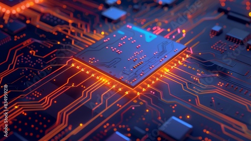A close-up view of a glowing computer motherboard with a central microchip, showcasing intricate electronic circuits and connections.