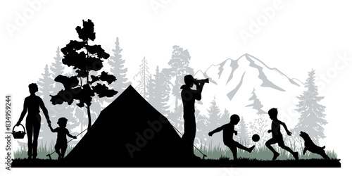 Family silhouettes on white background. Father, mother and children in a forest camp. Vector illustration