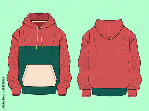 Modern Men's Athleisure: Front and Back Hoodie Fashion Flat Sketch Illustration Vector