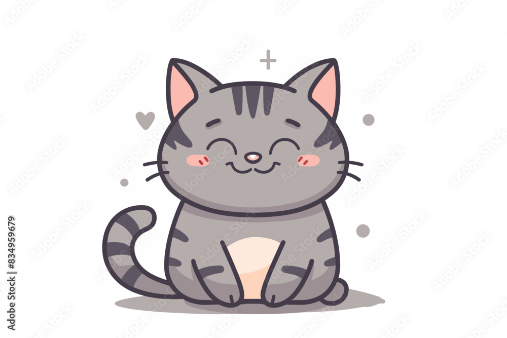 Grey striped cat sitting contently with eyes closed and surrounded by small hearts. Flat vector illustration.