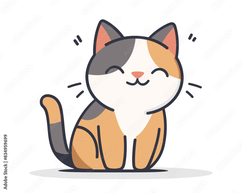 A cartoon illustration of a happy, smiling orange and white cat with black markings, eyes closed in contentment. Flat vector illustration. A cartoon illustration of a happy, smiling orange and white cat with black markings, eyes closed in contentment. Flat vector illustration.