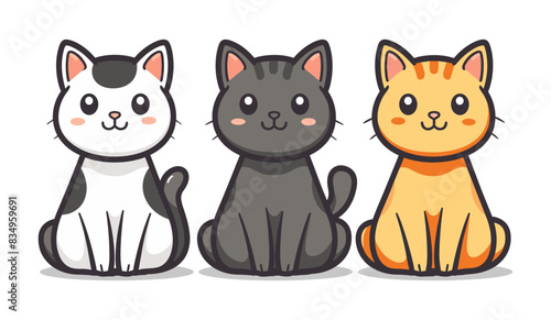 A cartoon illustration of three cats side by side: a white cat with black spots and a happy expression, a gray cat with a neutral expression, and an orange cat smiling. Flat vector illustration