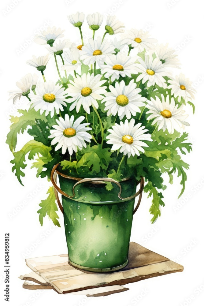 Naklejka premium Daisies watercolor in a flower pot on a white background