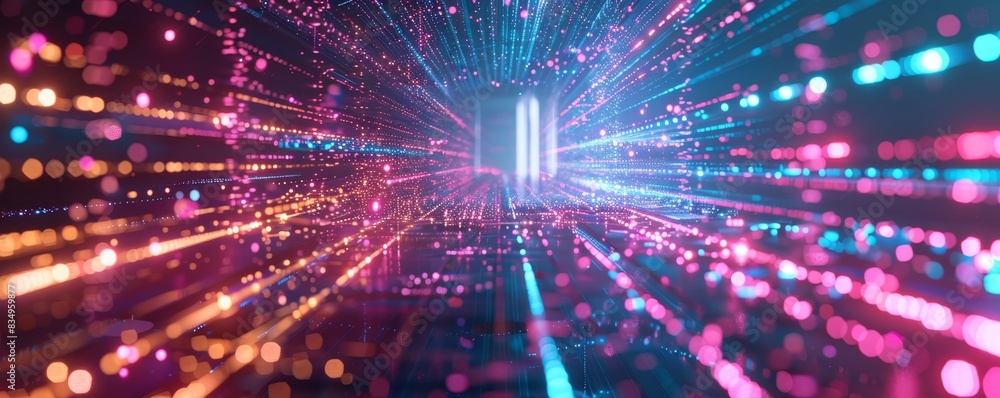 Abstract digital tunnel with colorful lights and glowing particle trails representing data transfer and futuristic technology concepts. Abstract digital tunnel with colorful lights and glowing particle trails representing data transfer and futuristic technology concepts.