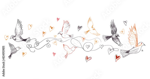 An illustration of a flock of birds in mid-flight, intertwined with colorful hearts, symbolizing freedom and love. Flat vector illustration.