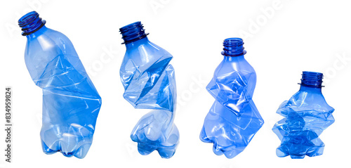 collection of various used waste crush plastic bottles on white background,  each one is shot separately isolated clipping path on white background. 