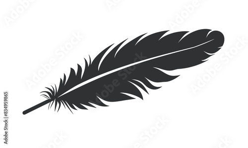 A simple black silhouette of a feather on a white background. Flat vector illustration.
