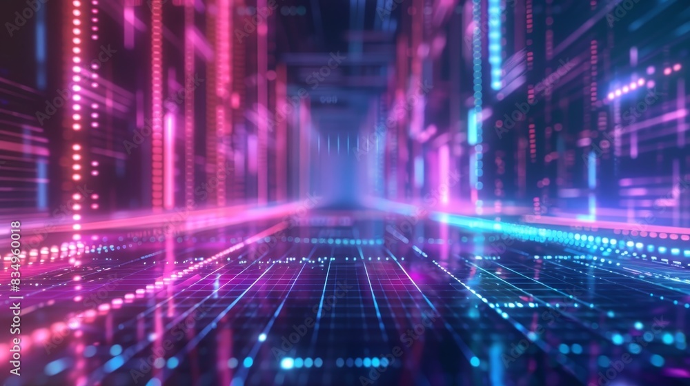 Abstract futuristic corridor with neon lights and cyber effect. Digital data visualization in vibrant colors, suitable for tech concept designs. Abstract futuristic corridor with neon lights and cyber effect. Digital data visualization in vibrant colors, suitable for tech concept designs.