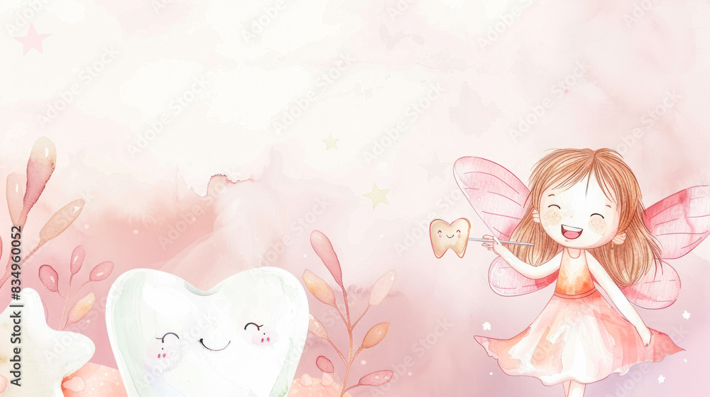 Cute Little Tooth Fairy with First Baby Tooth and Wand on pink background, watercolor Illustration. Happy Tooth Fairy day card. Concept of dental treatment and oral hygiene. cartoon fairy, copy space Cute Little Tooth Fairy with First Baby Tooth and Wand on pink background, watercolor Illustration. Happy Tooth Fairy day card. Concept of dental treatment and oral hygiene. cartoon fairy, copy space