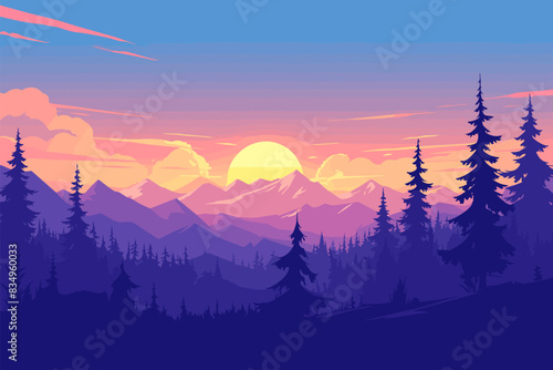 A vibrant sunset over a forested mountain landscape with colorful skies and silhouettes of trees. Flat vector illustration.