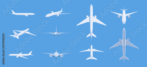 Airplanes in different angles. Passenger and cargo air transport.
