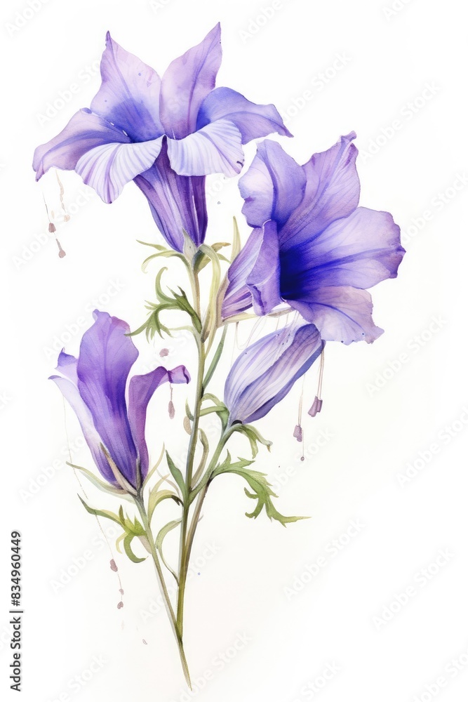 Set of wildflowers blue bells with stems and leaves on a white background. A delicate hand-drawn watercolor illustration. Set of wildflowers blue bells with stems and leaves on a white background. A delicate hand-drawn watercolor illustration.