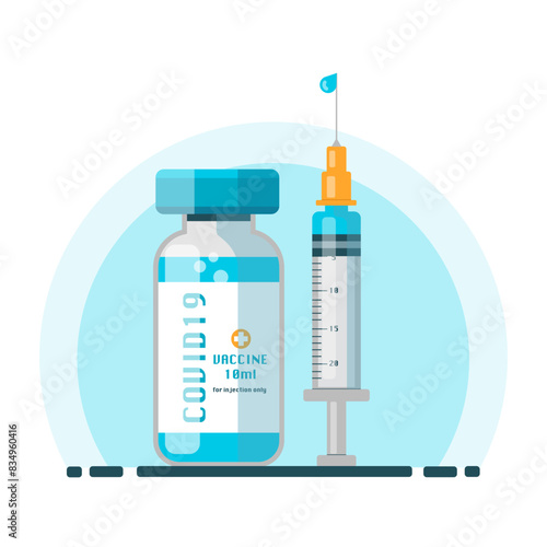 Coronavirus vaccine. Syringe and vaccine vial flat icons.