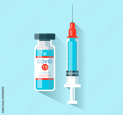 Coronavirus vaccine. Syringe and vaccine vial flat icons.