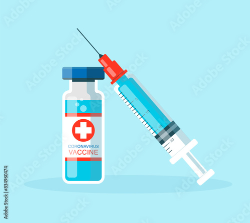 Coronavirus vaccine. Syringe and vaccine vial flat icons.