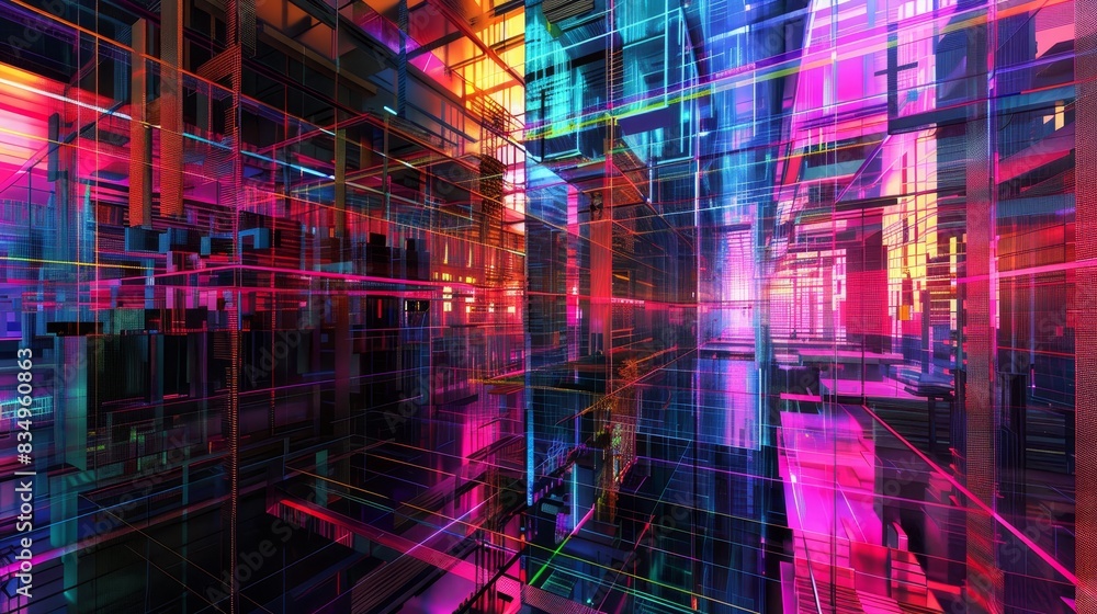 Futuristic abstract digital landscape with neon lights and vibrant colors, creating a sense of depth and technological advancement. Futuristic abstract digital landscape with neon lights and vibrant colors, creating a sense of depth and technological advancement.