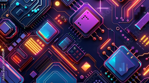 Futuristic circuit board close-up with colorful neon lights, showcasing modern technology and electronic components in a vibrant, abstract style.