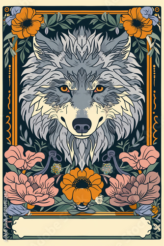 Wolf poster card flower art illustration