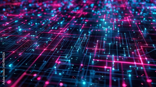 Futuristic digital technology background with glowing neon lines and particles, representing a high-tech network or data flow.