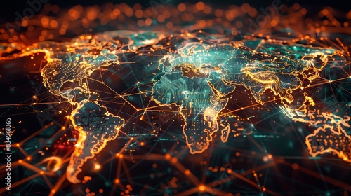 Fototapeta Naklejka Na Ścianę i Meble -  Futuristic digital world map with glowing connections, representing global communication and technology. Ideal for tech and science projects.