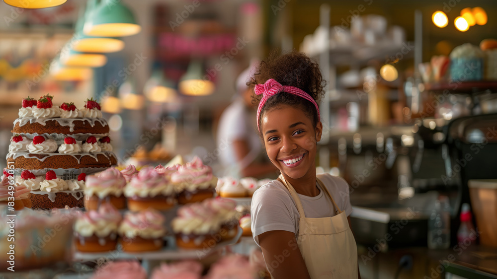 Young African American female baker in a spotless apron, joyfully decorating cakes in a bright bakery Young African American female baker in a spotless apron, joyfully decorating cakes in a bright bakery