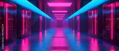 Advanced server room with modern infrastructure, illuminated racks, futuristic technology, vibrant colors