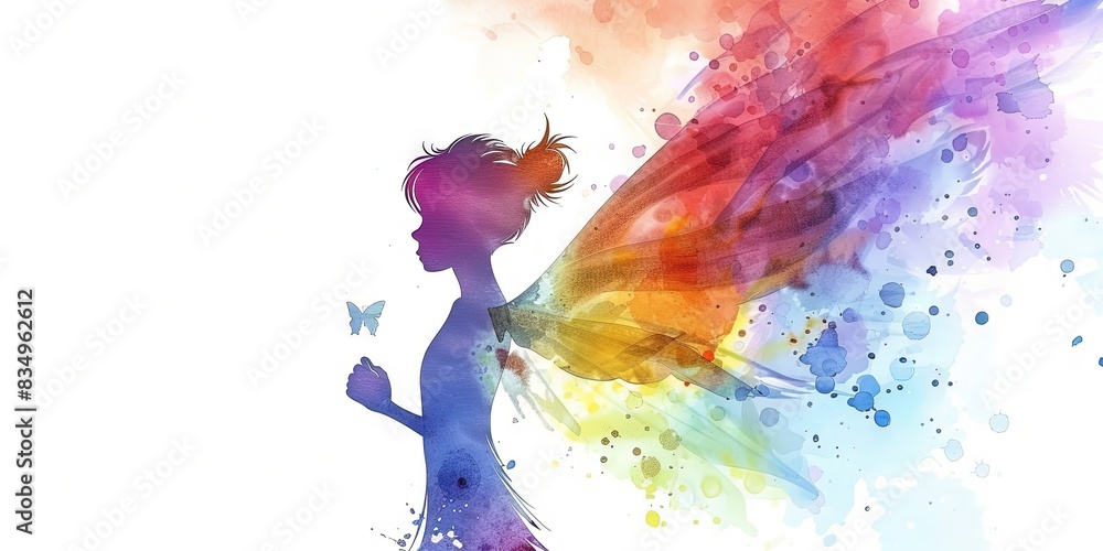 Obraz premium Female Fairy Silhouette, watercolor style, on white background,