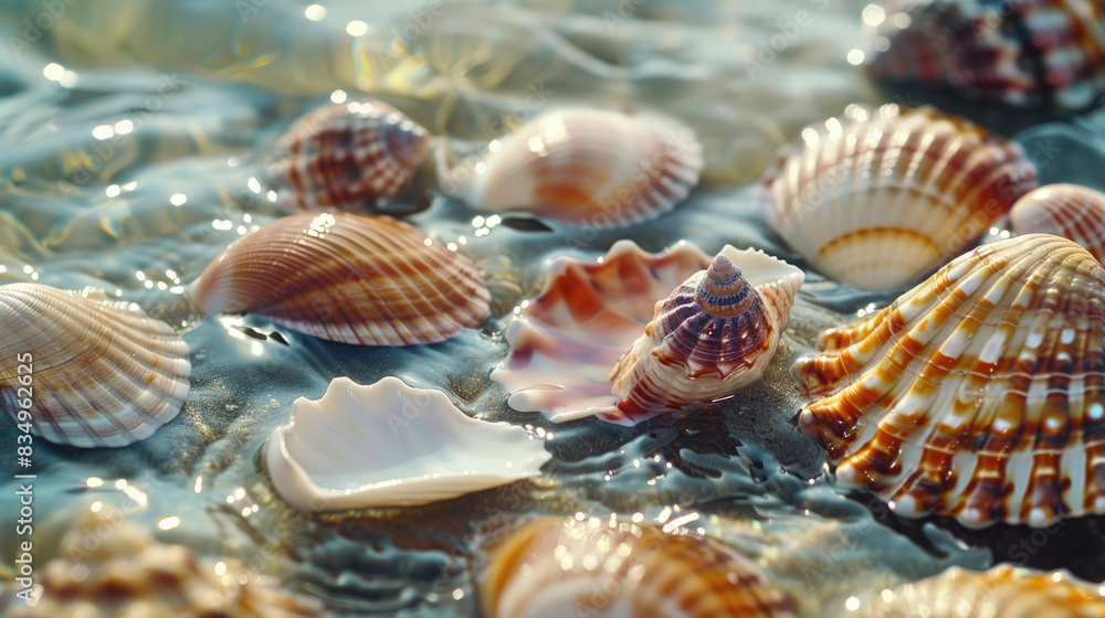 Assorted Seashells on the Coastline with Gentle Waves Assorted Seashells on the Coastline with Gentle Waves
