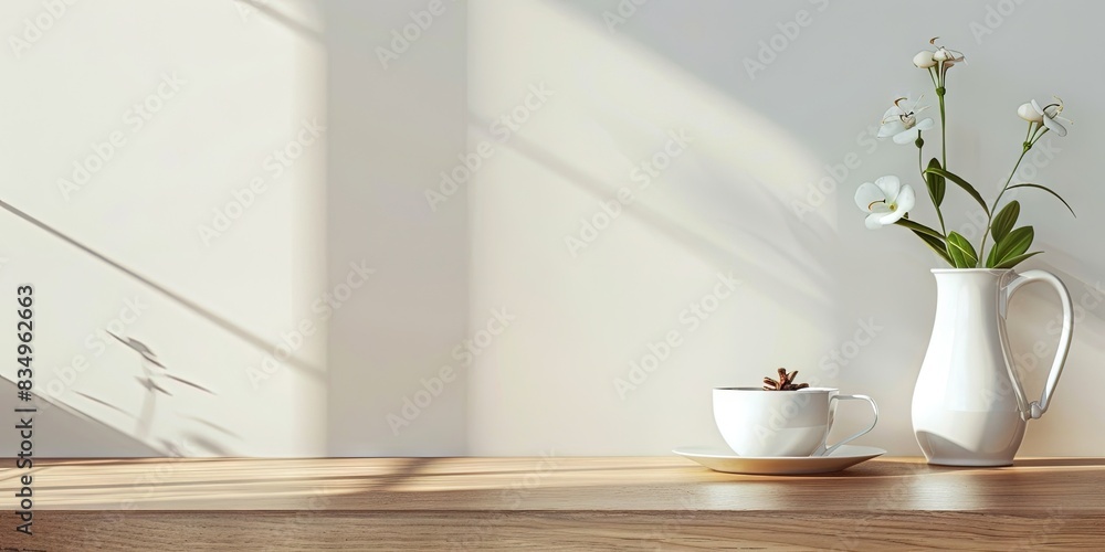 ceramic pitcher and glass with plants on table, interior shot with copy space ceramic pitcher and glass with plants on table, interior shot with copy space