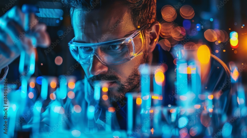 Fototapeta premium A professor conducting a research experiment in a hightech lab selective focus, research theme, futuristic, overlay, laboratory backdrop