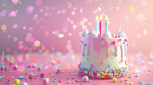 Colorful birthday cake with candles on a pink background.