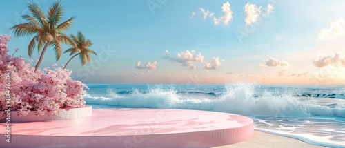 Beachside pastel podium  ocean waves  and tranquil beach ambiance