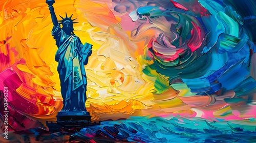 An abstract oil painting of the Statue of Liberty with a mix of vibrant and contrasting colors. The painting features the iconic statue with a background of swirling colors representing the sky and