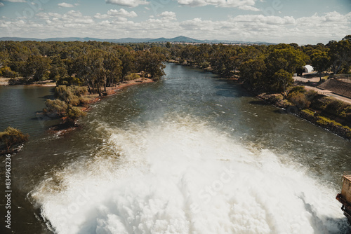 Water flowing from the Hume Dam wall into the Murray River towards Albury.