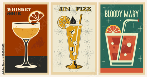 Cocktails retro poster set. Whiskey Sour, Jin Fizz, Bloody Mary. Collection of popular alcohol drinks. Vintage flat vector illustrations for bar, pub, restaurant, kitchen wall art print. photo