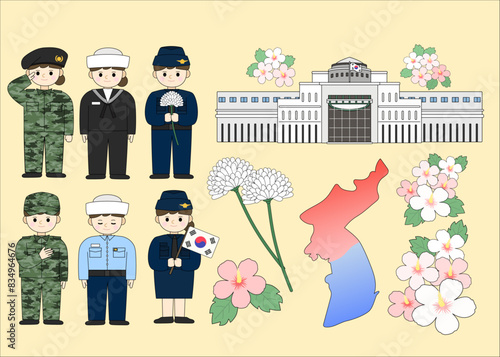 대한민국 호국보훈의 달 벡터 일러스트 템플릿 (현충일, 국군의 날, 625 전쟁, 연평해전, 육군, 해군, 공군, 한국 군인, 군복, 모자, 장교, 여군, 무궁화, 태극기, 현충원, 전쟁기념관, 국가유공자, 보훈가족)