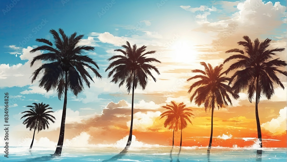 Summertime background with palm trees, summer sun and white brush strokes for your season graphic design. Hot Sunny Days. Vector illustration. Summertime background with palm trees, summer sun and white brush strokes for your season graphic design. Hot Sunny Days. Vector illustration.