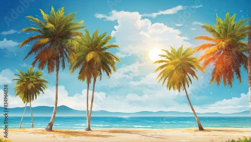 Summertime background with palm trees, summer sun and white brush strokes for your season graphic design. Hot Sunny Days. Vector illustration.