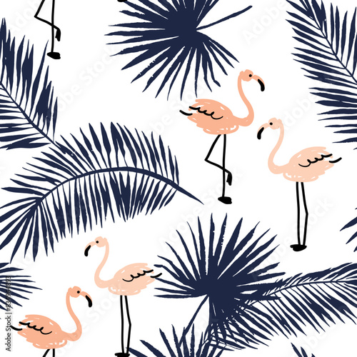 Tropical pink flamingo, palm leaves silhouette, white background. Vector illustration. Seamless pattern. Exotic plants, birds. Summer beach design. Paradise nature