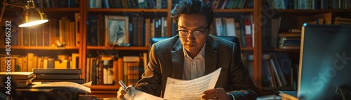 A professor reviewing academic papers at their desk late at night focus on dedication, academic theme, ethereal, manipulation, office backdrop