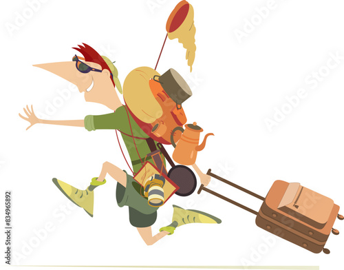 Happy running traveler man.
Smiling running tourist with tourist equipment on the back and bag in the hand. Isolated on white background
