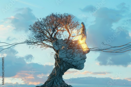 Treeshaped head with wires a creative fusion of nature and technology in art and design photo