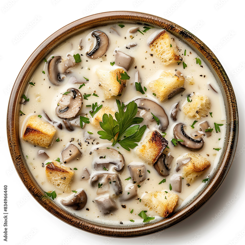 Delicious cream Bowl of mushroom soup, top view, isolated on white background Delicious cream Bowl of mushroom soup, top view, isolated on white background
